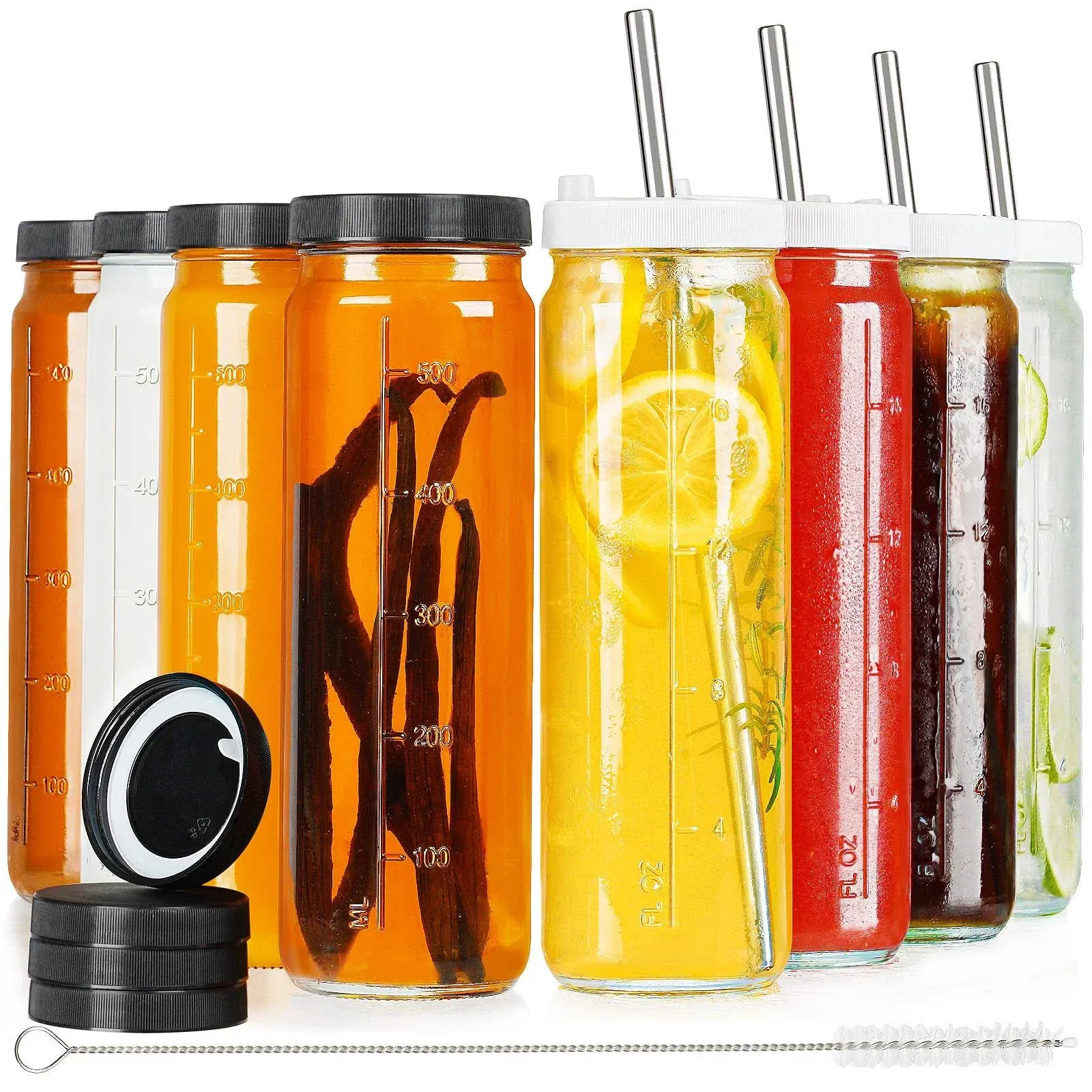 Ritayedet 8 Pack 20 Oz Glass Juicing Bottles w 8 BK SCREW Lids & 4 WH SCREW Lids w Hole & 4 Straws