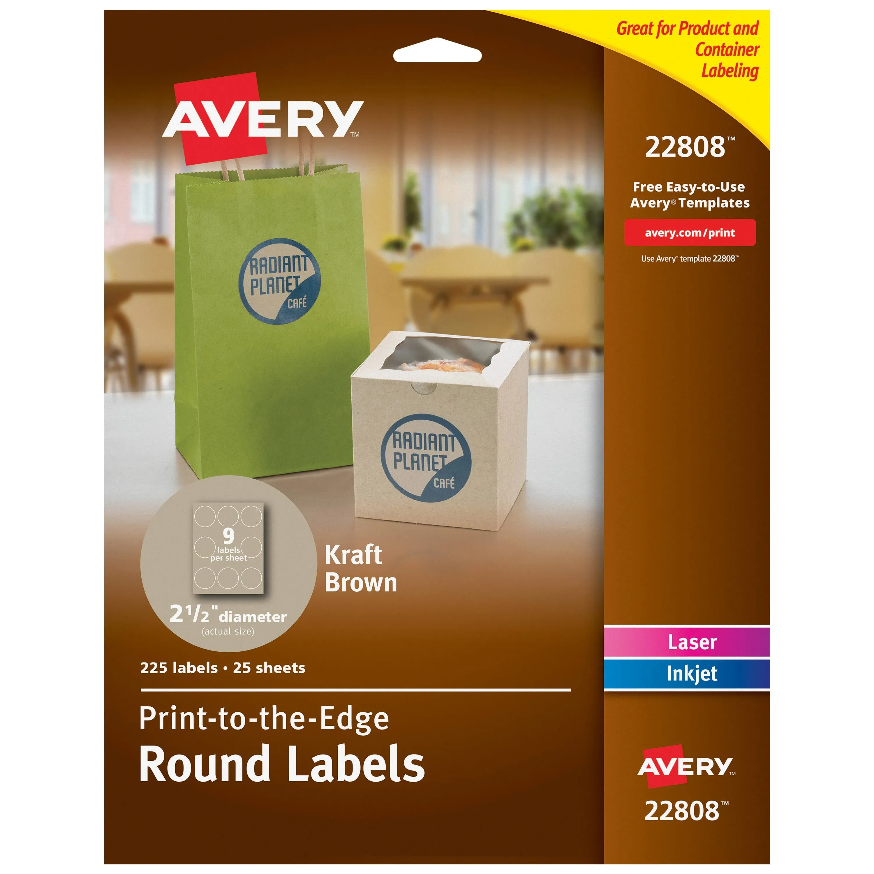 Avery Round Brown Kraft Print-to-the-Edge Labels, 2.5" Dia, 225-pk