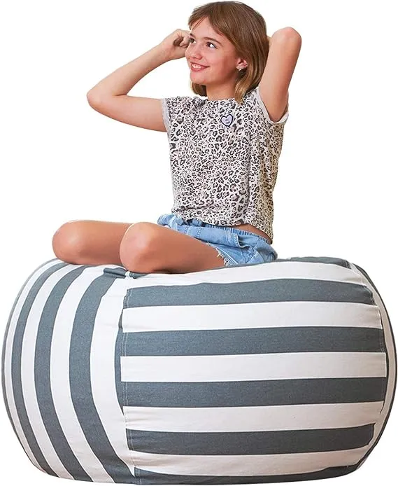 Aubliss Stuffed Animal Bean Bag Storage Chair, Beanbag Covers Only for Organizing Plush Toys, Turns into Bean Bag Seat for Kids When Filled, Medium 32"-Canvas Stripes Grey/White