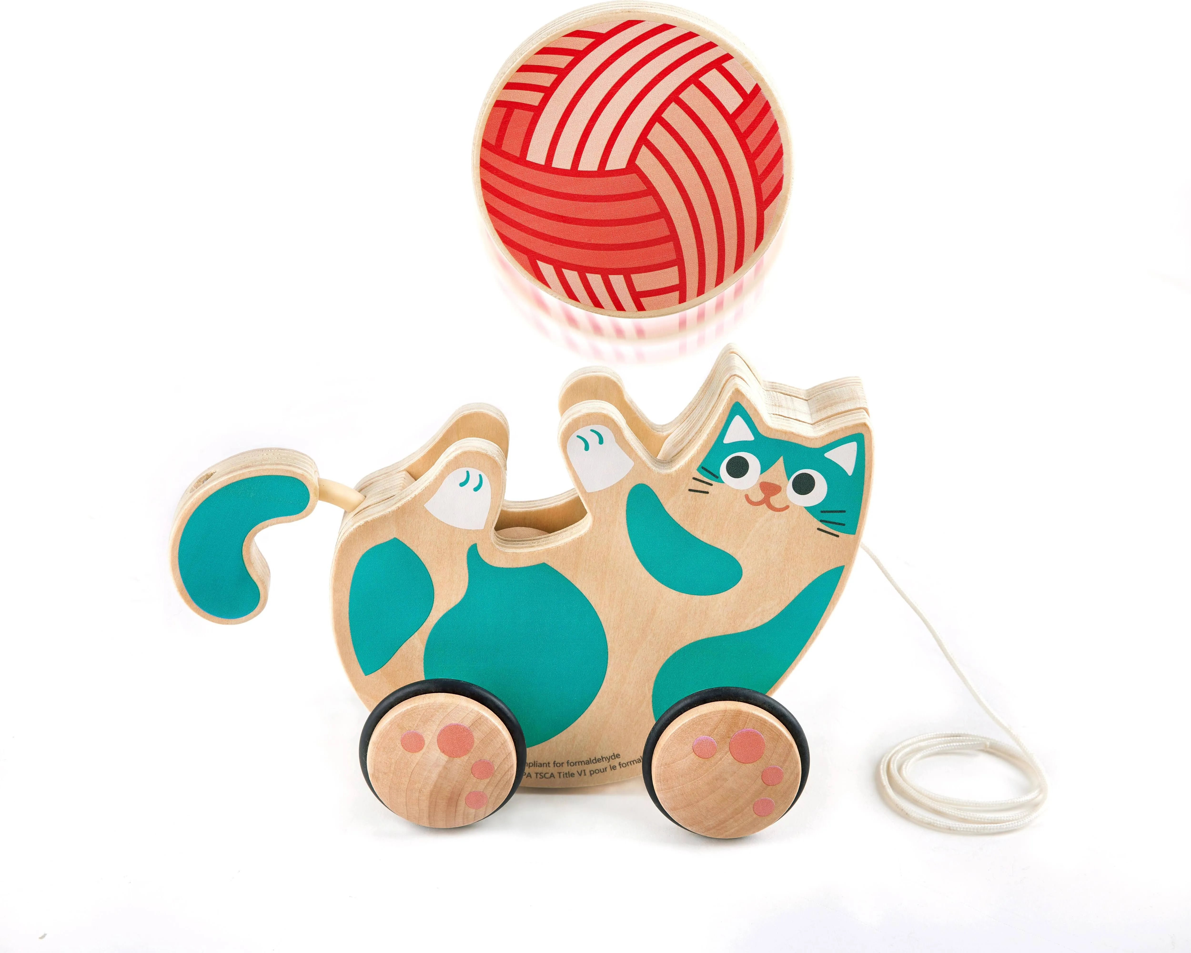 Hape Wooden Walk-A-Long Kitten Pull Toy| Roll & Rattle Push Pull Toy for Toddler| Montessori Toys for Walking Toddlers, Green