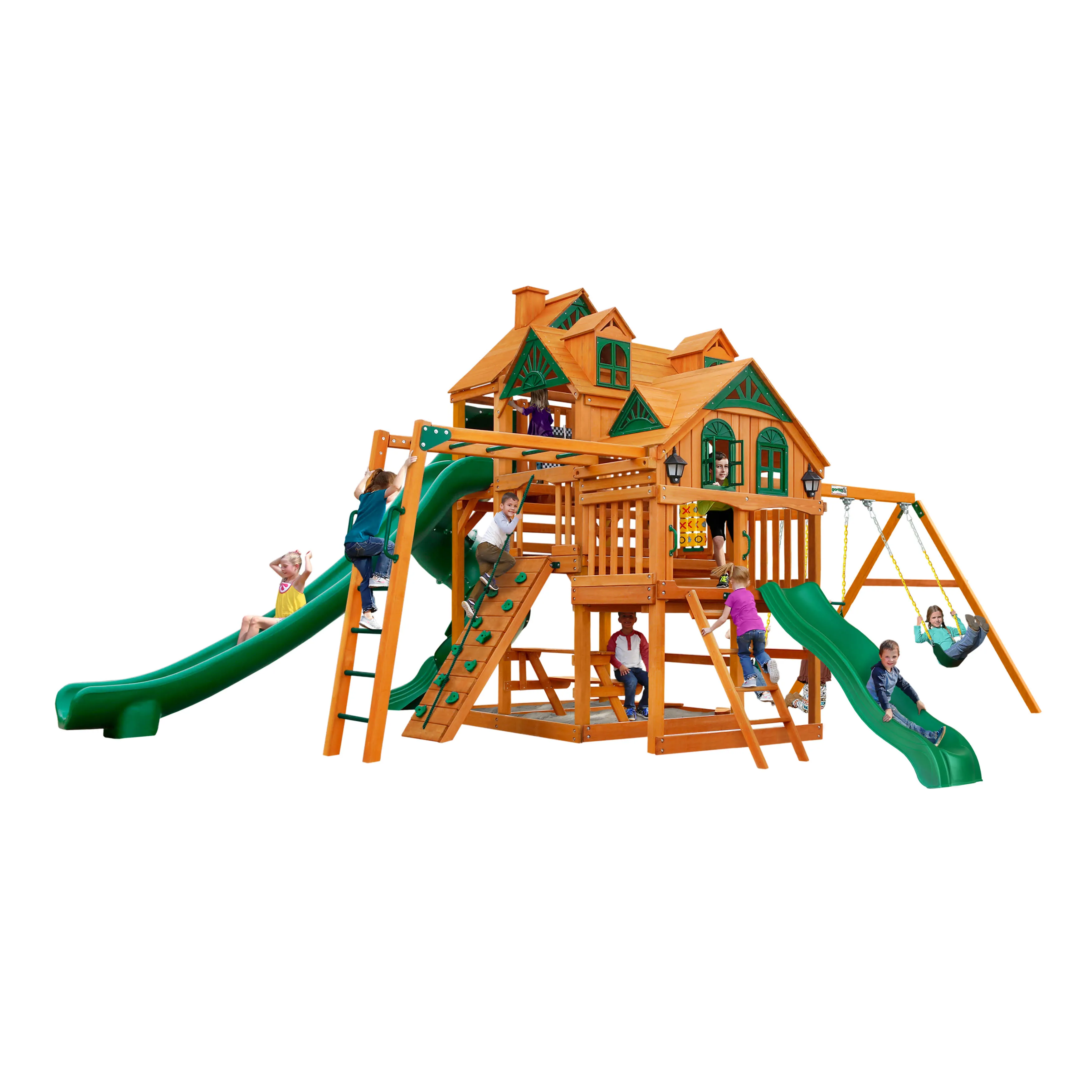 Gorilla Playsets 01-0089-AP Empire Wood Swing Set with 3 Play Decks, 3 Slides, and Monkey Bars, Brown