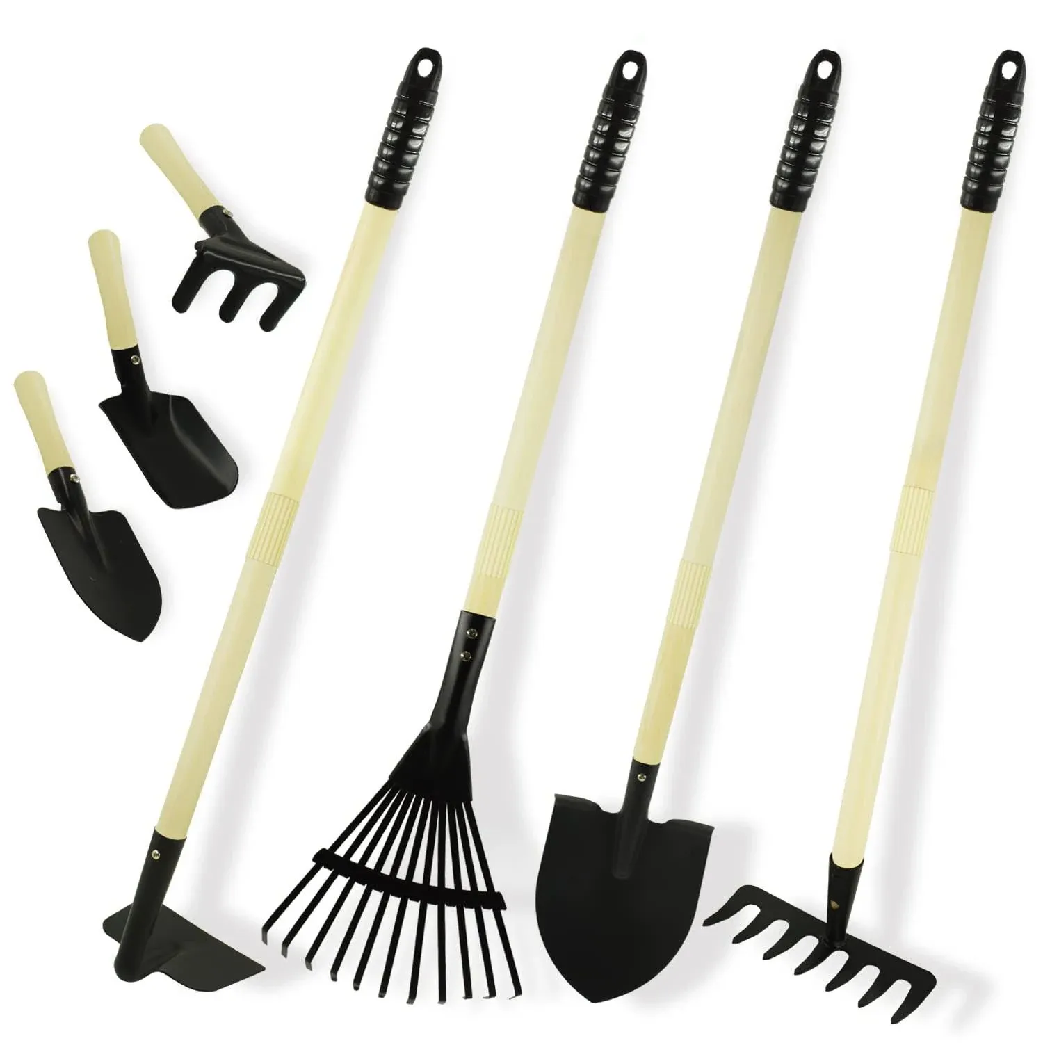 7PCS Kids Gardening Tools, Long Shovel, Rake for Leaves, Spade, Hoe, Steel He...