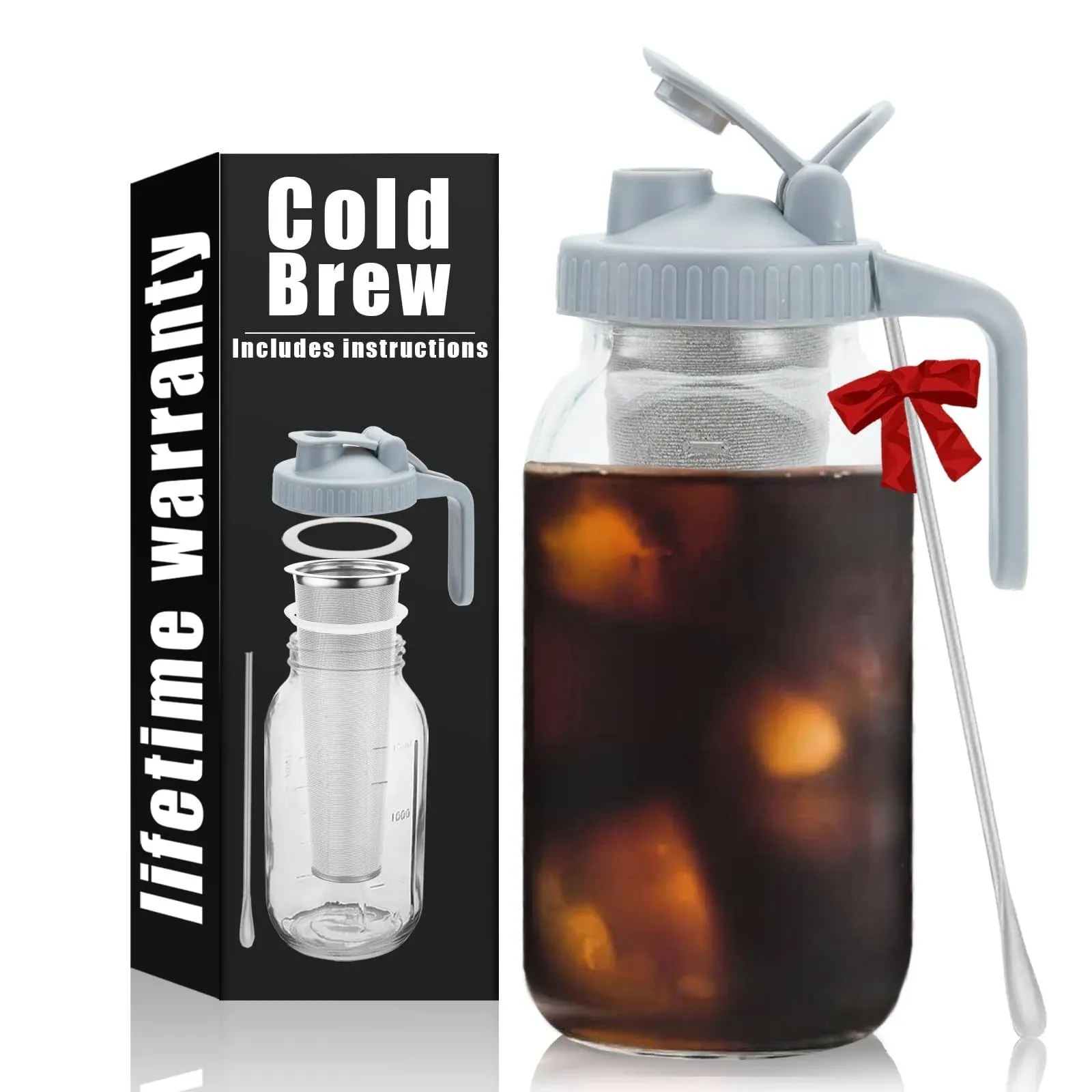 Cold Brew Coffee Maker Pitcher - 64oz Iced Coffee Maker with Stainless Steel Mixing Spoon & Super Dense Filter 3 Steps Finish, Classic BPA Free Sturdy Mason jar Pitcher with Gray Lid Easy to Clean