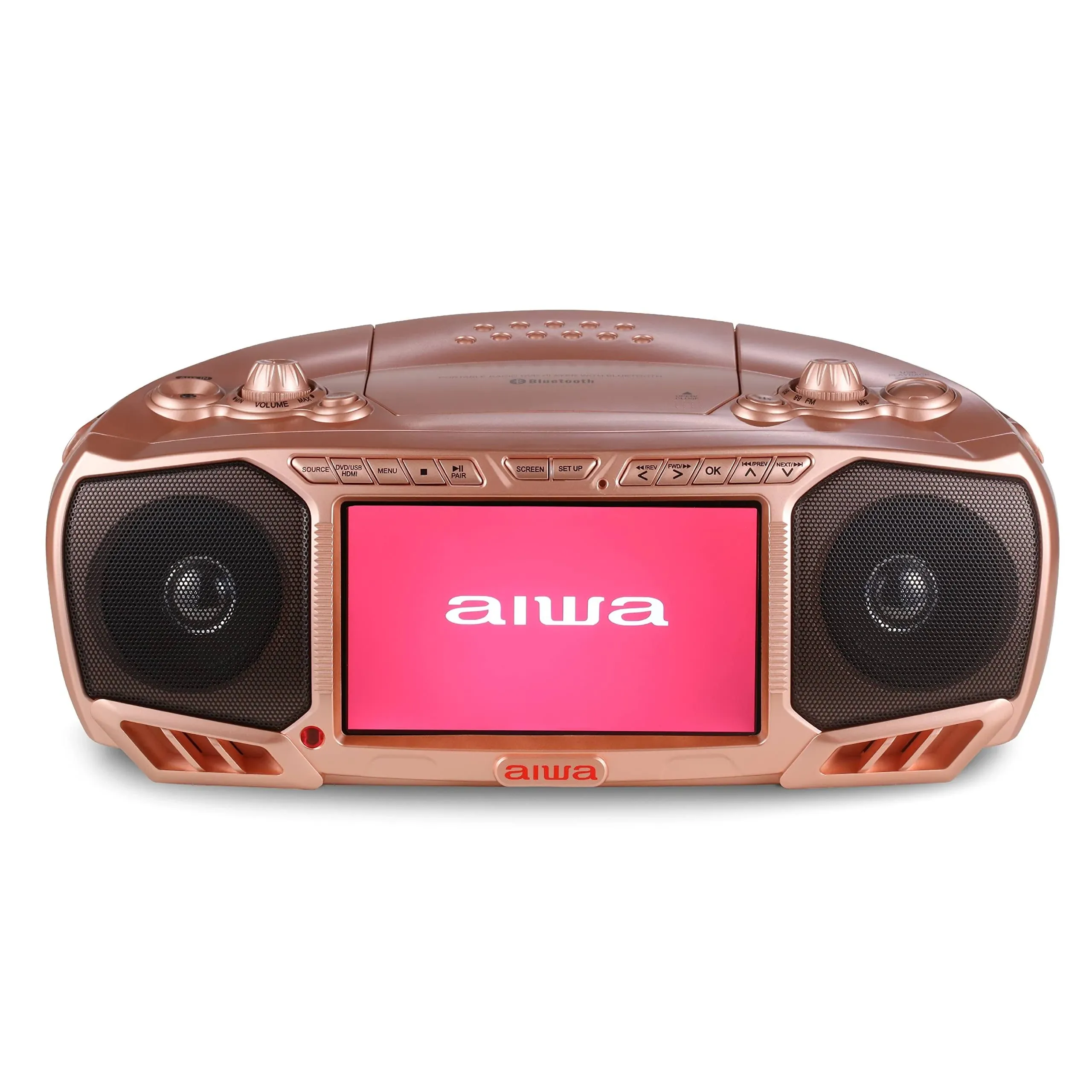 Aiwa Portable Boombox, Crystal Clear Sound with 3W x 2 Speakers and Bass Function, Featuring a 7" LCD Display, Bluetooth Connectivity, FM Radio, CD/DVD Player, Streaming on Roku and Amazon Firestick