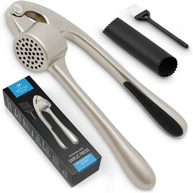 Easy to Squeeze Professional Grade Garlic Press and Peeler Set