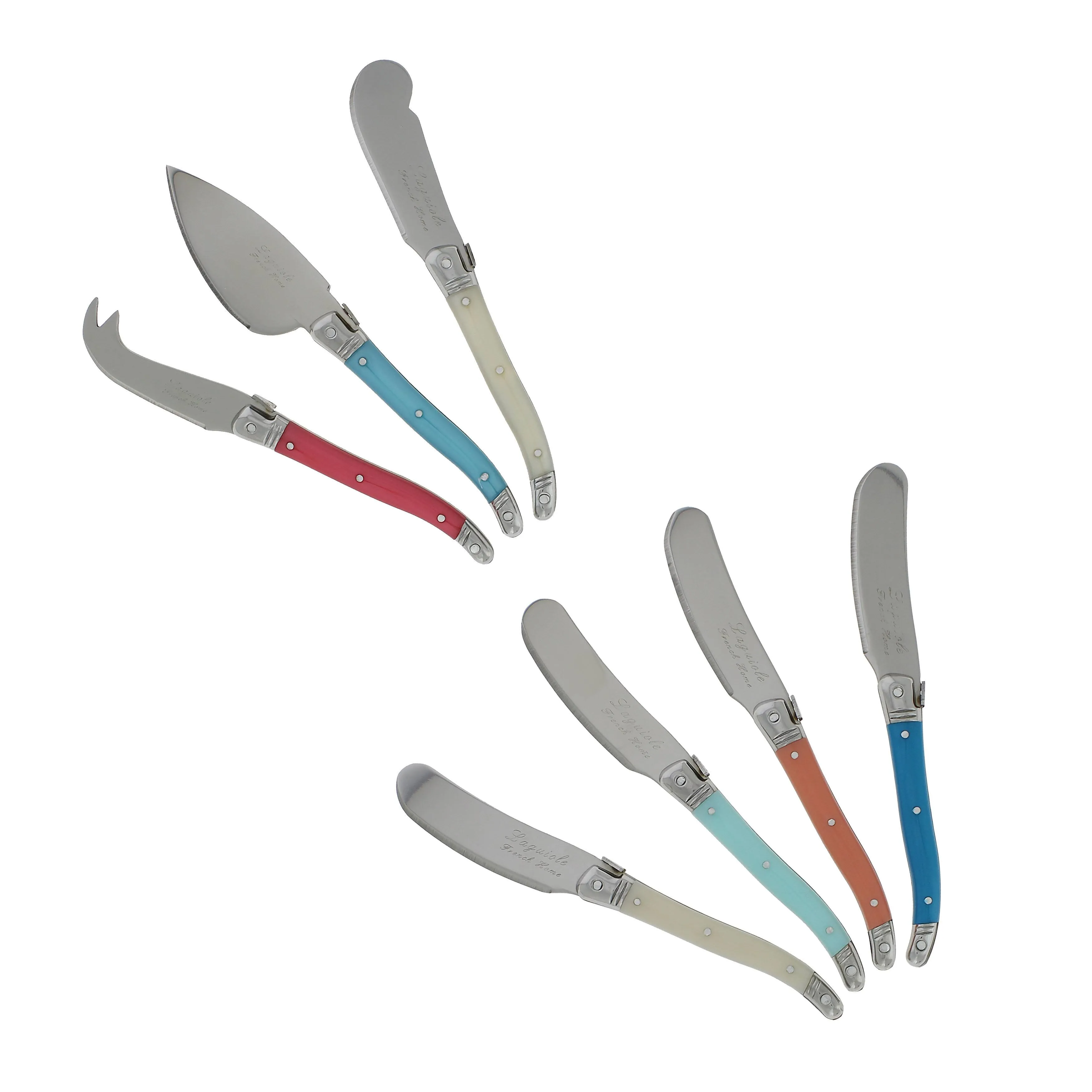 Laguiole 7-Piece Cheese Knife Set (Coral & Turquoise) Stainless Steel Cheese Knives Set, Cheese Spreader & Butter Knife Spreader, Luxurious Cheese Board Utensils & Charcuterie Knife Set for Parties