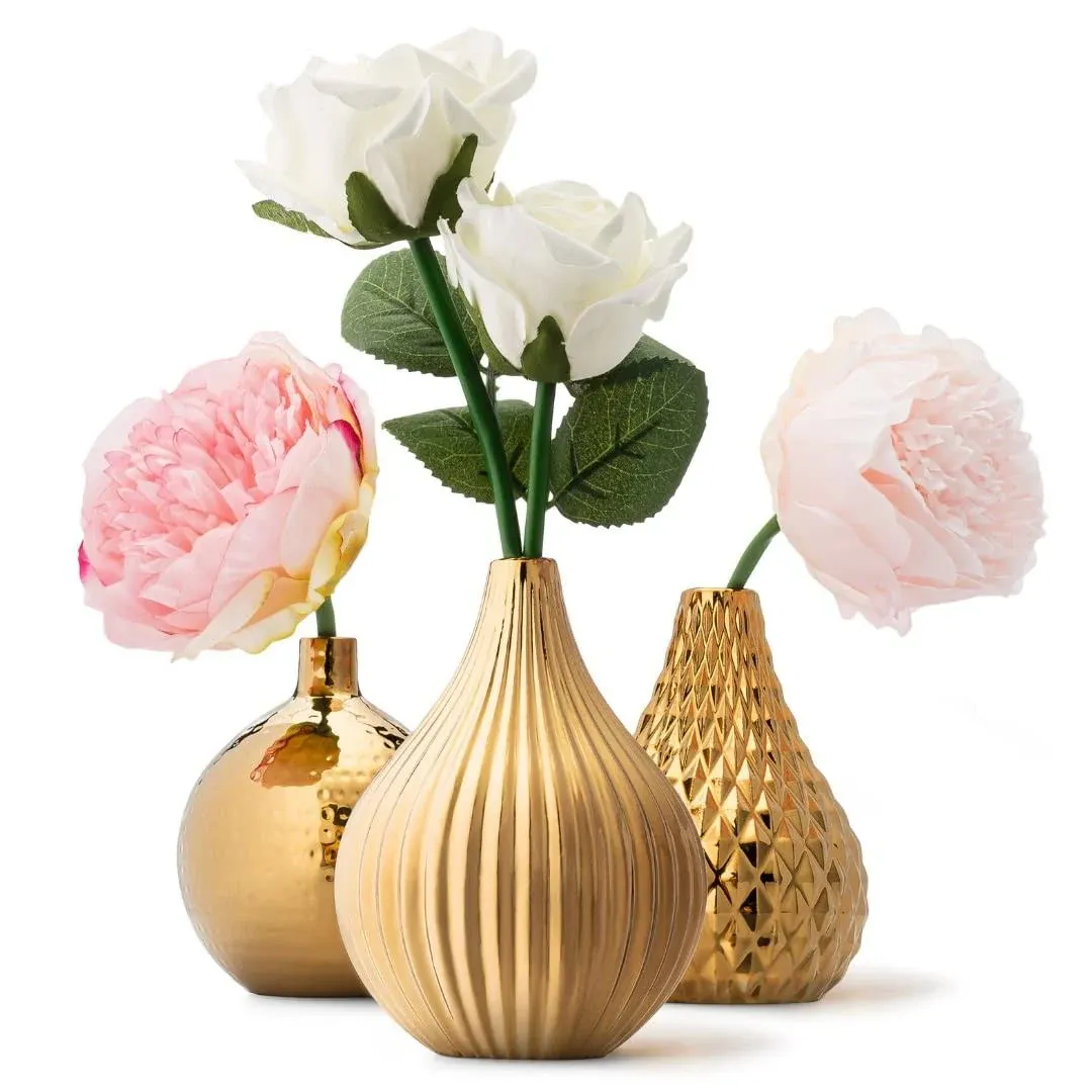 Gold Vase Ceramic Vase Set – Small Gold Vases for Centerpieces – Bud Vases in...