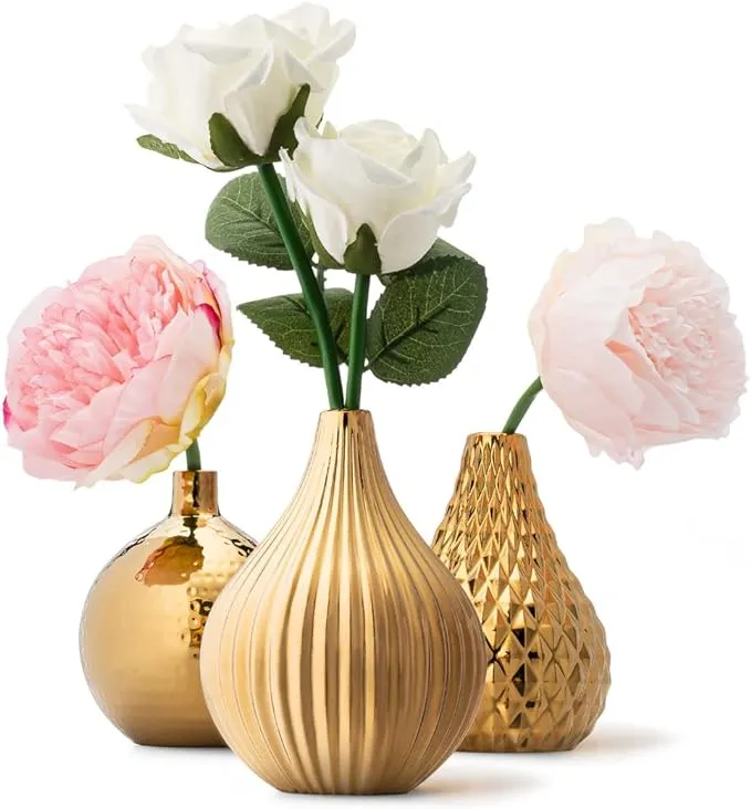 Gold Vase Ceramic Vase Set – Small Gold Vases for Centerpieces – Bud Vases in...