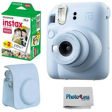 Fujifilm Cámara Instax Mini 12 de película instantánea azul pastel, Fujifilm Instax Mini Twin Pack de película instantánea 20 impresiones, funda