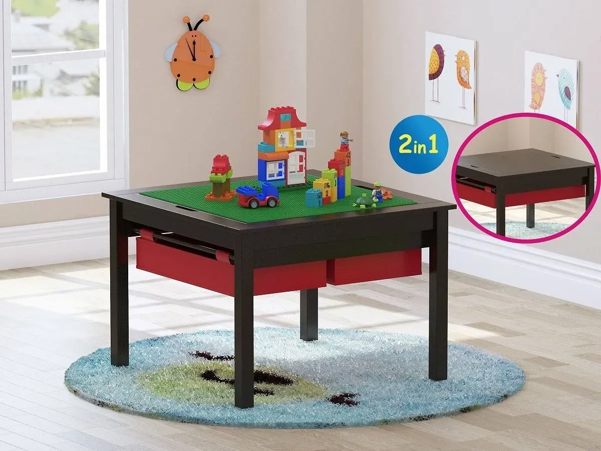 2 in 1 Home Toy Kids Construction Play Table Storage Drawers Built in Plate Size