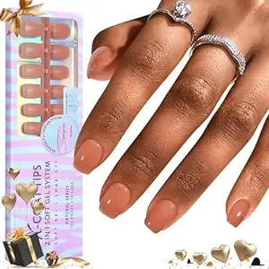 Short Square Nail Tips - BTArtbox 150Pcs Soft Gel Nails,2 in 1 Neutral X Coat Tips with Tip Primer Cover,Stronger Adhesion Press On Nails Fake Nails 15Sizes Pre-shaped Ultra Fit, Brown