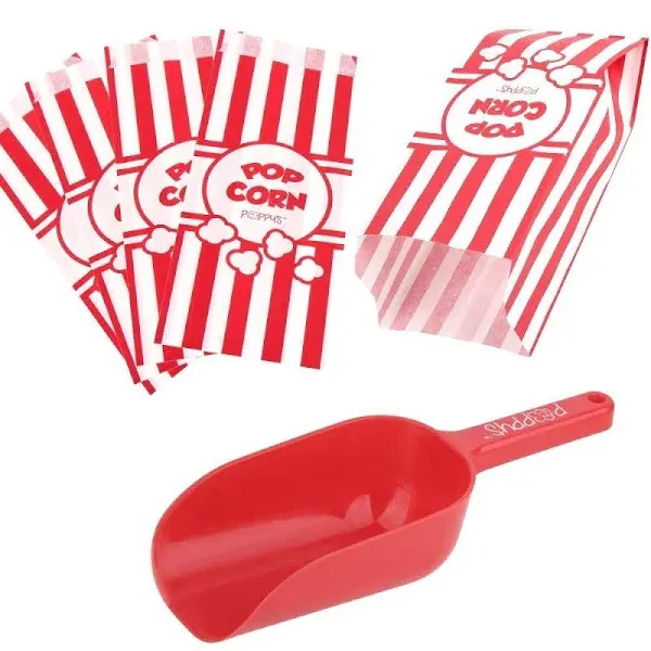 Poppy&#039;s Plastic Popcorn Scoop Bundle - 50 Bags and Red/White 