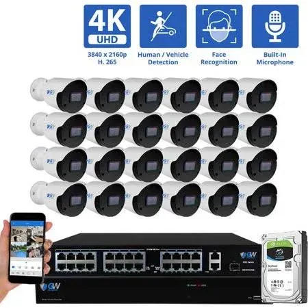 GW 4K Outdoor/Indoor Face Recognition/Human/Vehicle Detection Security Camera System, 32 Channel 8MP PoE NVR, 32 x 4K UltraHD Smart AI IP Microphone Bullet Camera, 24-7 Video & Audio Recording