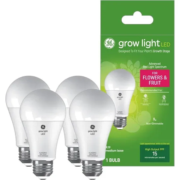 GE Grow Lights for Indoor Plants, A19 LED Light Bulbs for Flowers and Fruit with Advanced Red Light Spectrum, White Indoor Plant Light, 25,000 Hours Lifespan, 15 PPF, 2 Pack (Packaging May Vary)