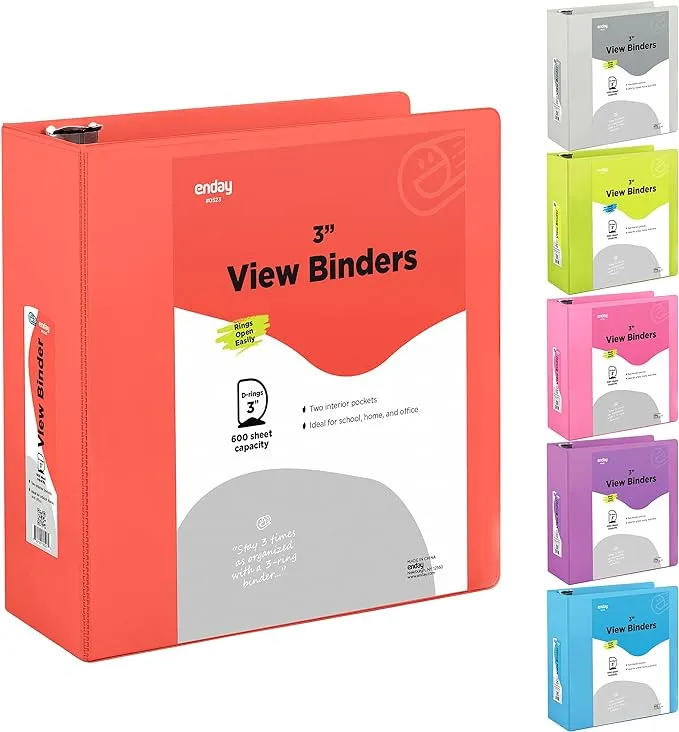 3 Inch Binder 3 Ring Binders Red, Slant D-Ring 3” Clear View Cover with 2 Inside Pockets, Heavy Duty Colored School Supplies Office and Home Binders – by Enday