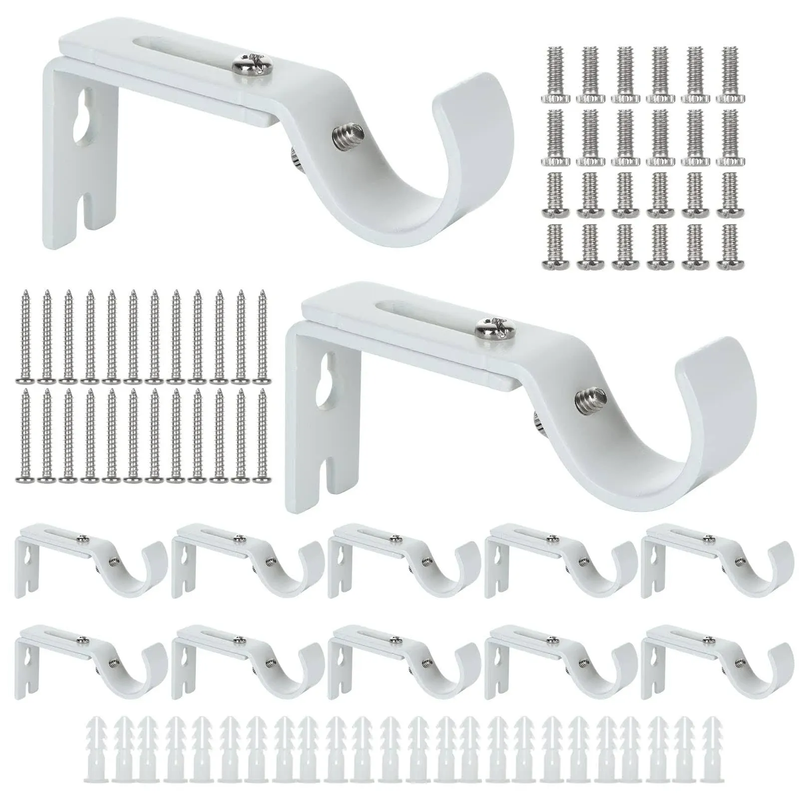 RHBLME 12 Sets Curtain Rod Bracket for 1 Inch Rod, Adjustable Curtain Rod Brackets White Curtain Rod Holders Heavy Duty Curtain Rod Hardware Brackets Single Rod Bracket for Wall Mount