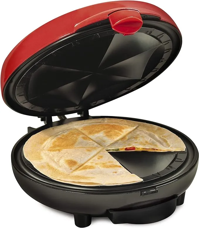 Nostalgia Taco Tuesday Deluxe 8-Inch 6-Wedge Electric Quesadilla Maker with Extra Stuffing Latch, Red