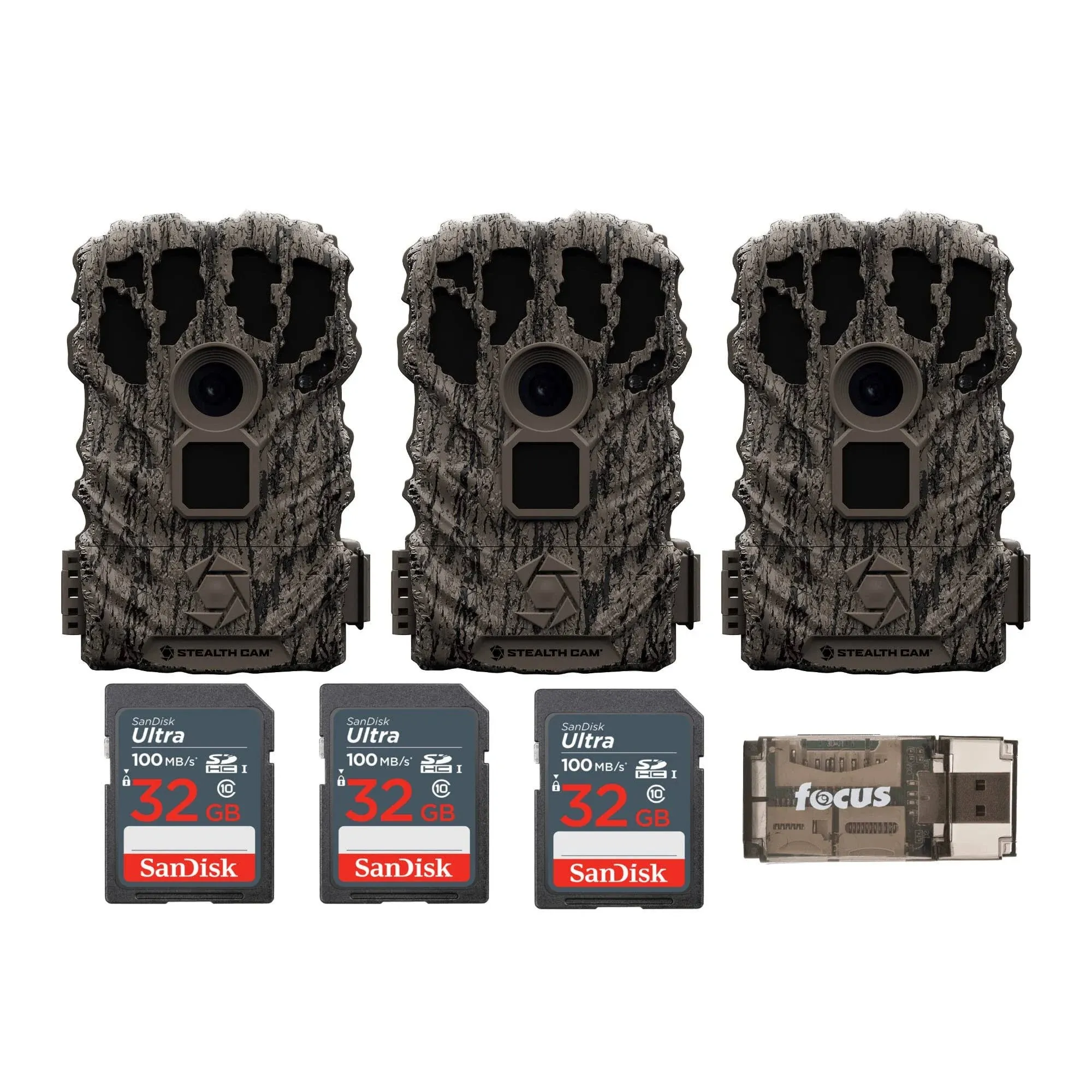 Stealth Cam Browtine 14MP Trail Camera Bundle with SanDisk 32GB Ultra SDHC UHS-I Memory Card and Focus All-in-One High Speed USB 2.0 Card Reader