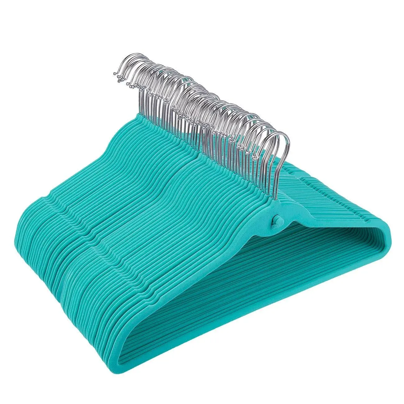 Juvale 50 Pack Non Slip Teal Velvet Clothes Hangers with Cascading Hooks Space Saving for Shirts, Coats, Pants, Suits, and Dresses, 17.5 Inches