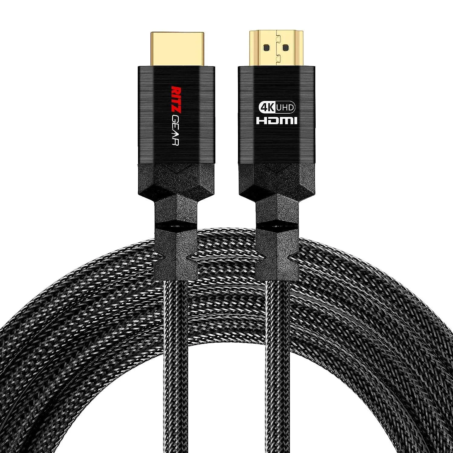 Ritz Gear 4K HDMI 2.0 Cable 20 ft. [2 Pack] 18 Gbps Ultra High Speed Braided Nylon Cord & Gold Connectors - 4K@60Hz/UHD/3D/2160p/1080p/ARC & Ethernet. Compatible with UHD TV/Monitor/PC/PS5/Xbox