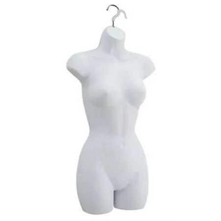 SSWBasics Female Mannequin Torso - Fits Women’s Sizes 5-10 - Molded, Shatterproof & White Body Mannequin with Hook - Hollow Shell, Flat Back Torso Form for Women's Fashion Clothing Display - Ideal for