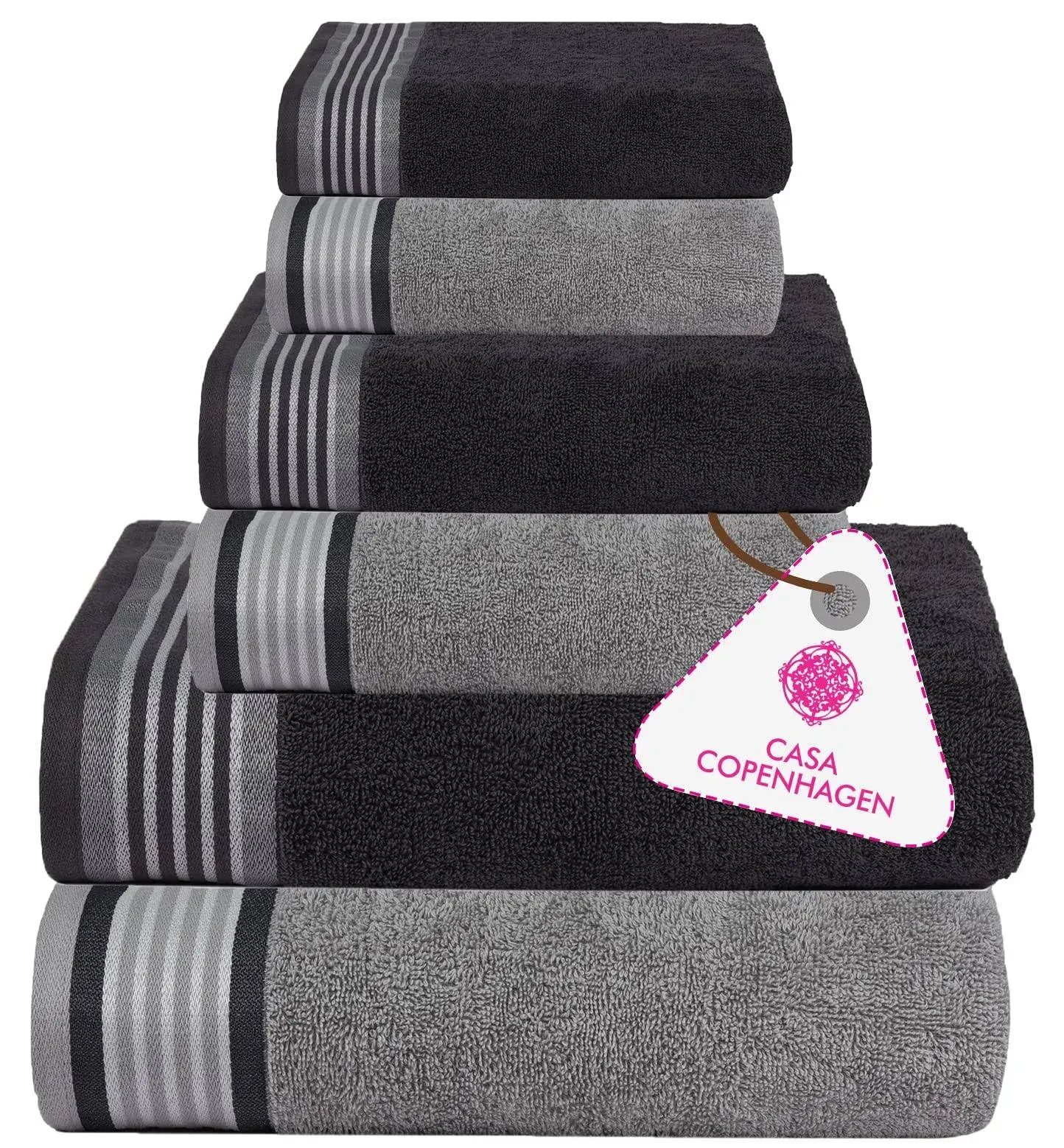 CASA COPENHAGEN He & She 6 Pieces Towel Set- Granite Grey + Mirage Grey, 550 GSM 2 Bath Towel 2 Hand Towel 2 Washcloth, Designed in Denmark Made of Soft Egyptian Cotton for Bathroom, Kitchen & Shower