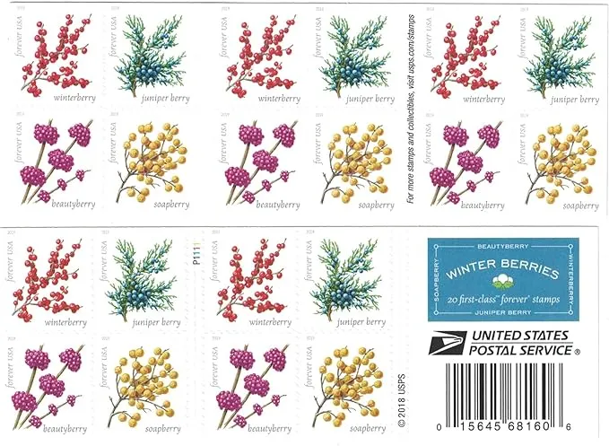 Winter Berries Book of 20 First Class US Postage Stamps Wedding Celebrate Engagement (20 Stamps)