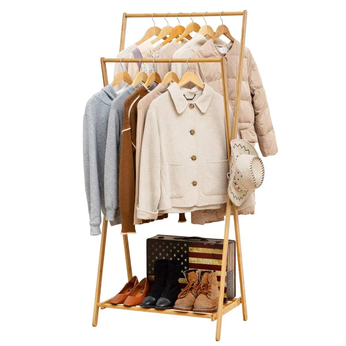 COPREE Bamboo Garment Coat Clothes Hanging Heavy Duty Rack Foldable Space Saving ...