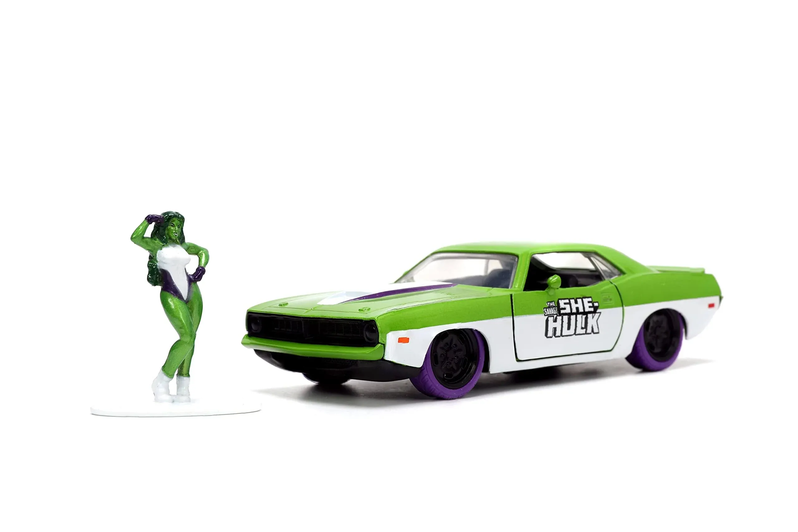 JADA 1973 PLYMOUTH BARRACUDA 1/32 with SHE HULK FIGURE GREEN WHITE 34273