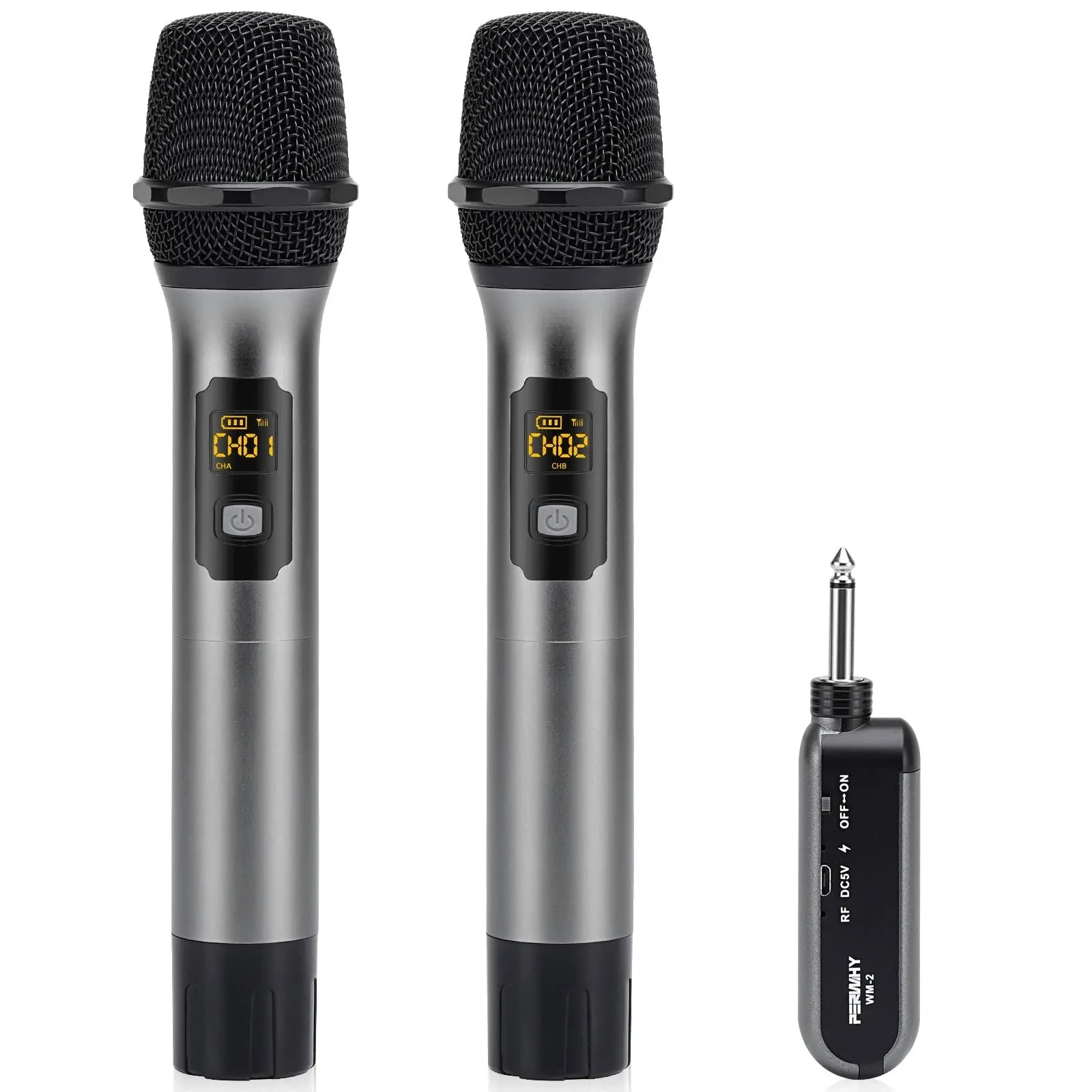 PERWHY Wireless Microphone System, UHF All Metal Cordless Dual Handheld Dynamic ...