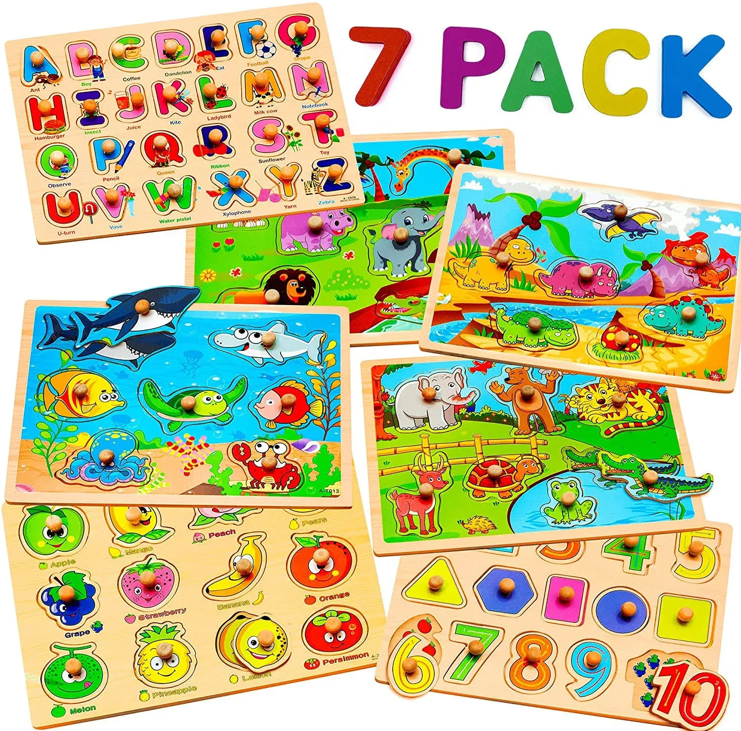 7 Pack Wooden Puzzles for Toddlers 2 3 4 5 Years Old - 7 Colorful Chunky Wood Peg Puzzles for Kids Ages 2-5, Alphabet Shape Numbers Fruits Sea Animals Dinosaur Zoo - Educational Toddler Learning Toys