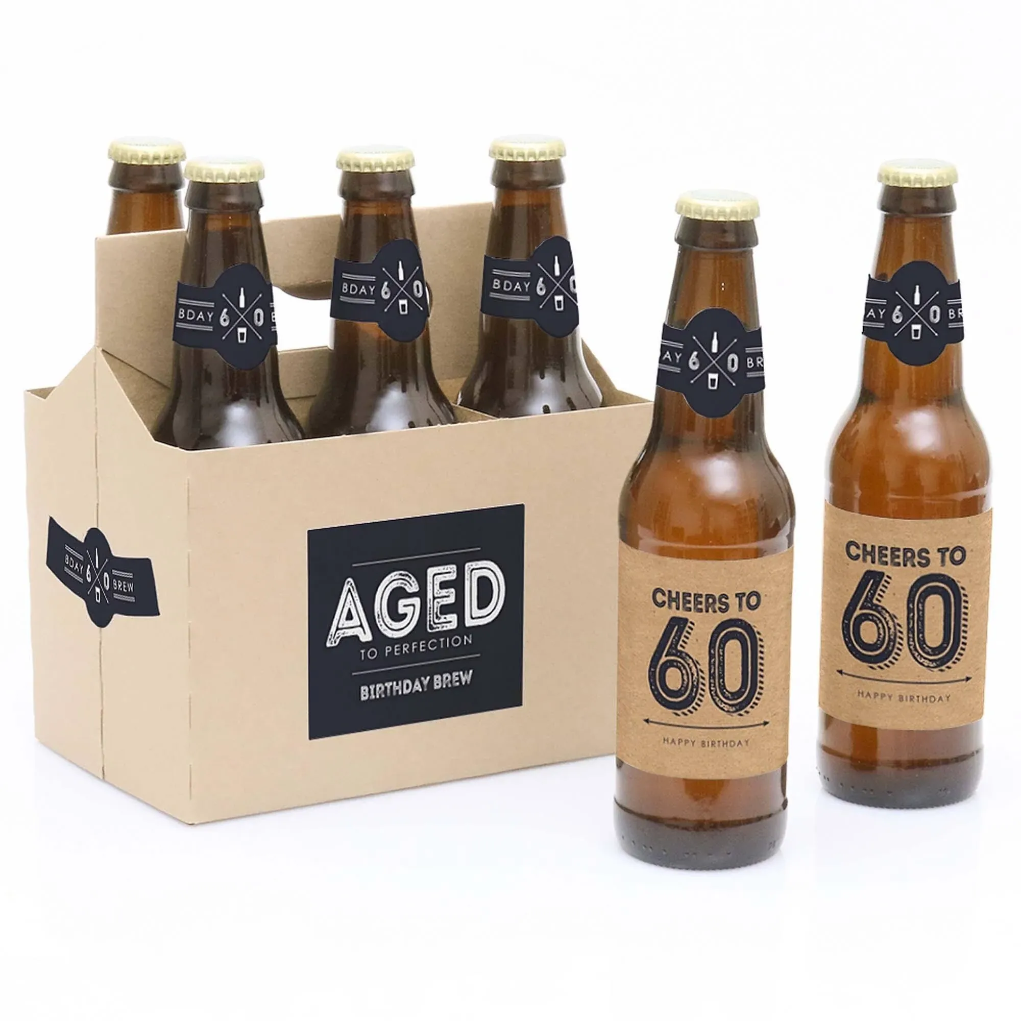 60th Milestone Birthday - Decorations for Women and Men - 6 Beer Bottle Labels & 1 Carrier - Gifts for Men