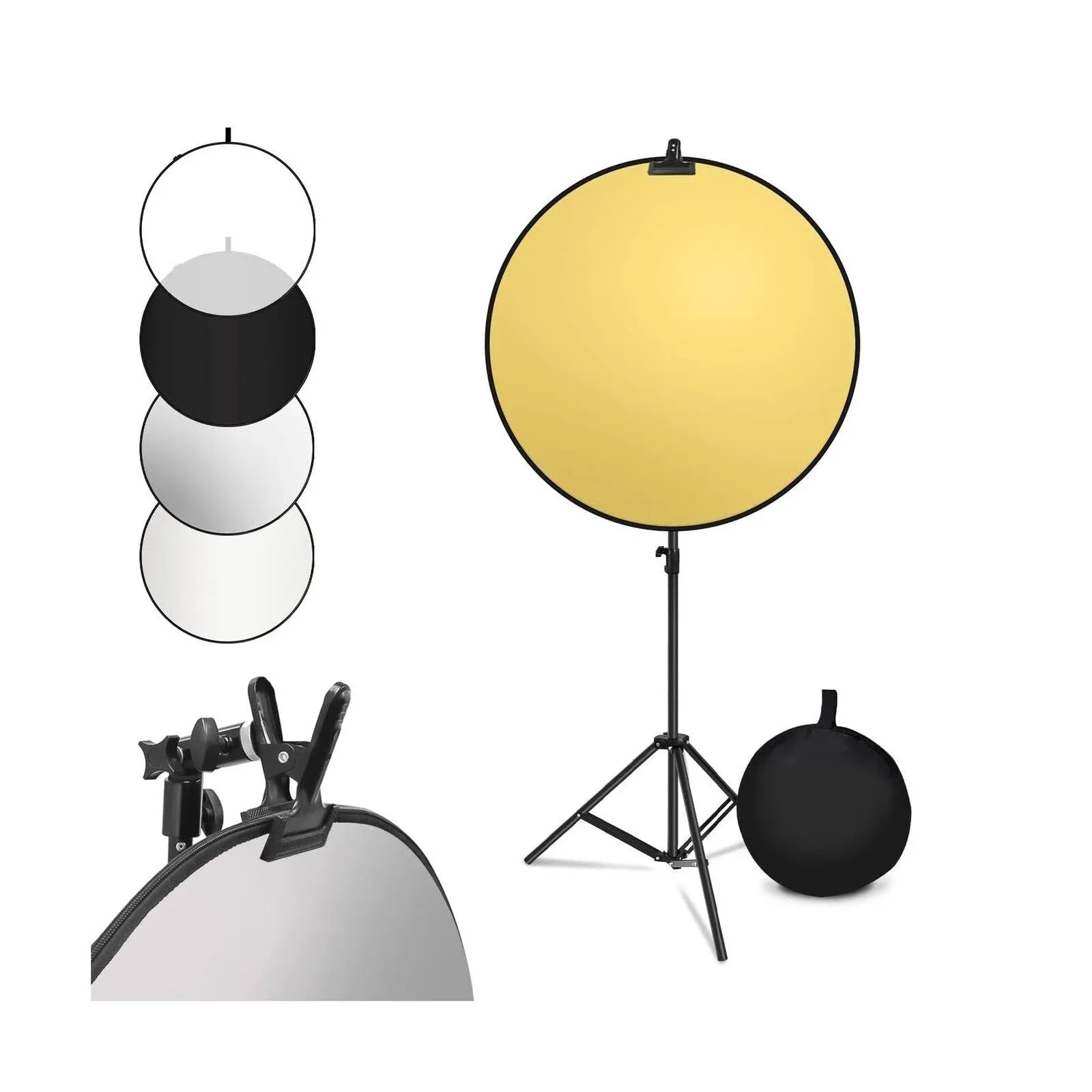 LimoStudio 32 inch [5 Color in 1] Round Photo Lighting Reflector, Pop Up Disc Reflector Kit, White/Black/Silver/Gold/Translucent, with Studio Light Stand, Super Clamp Mount Bracket, AGG2914