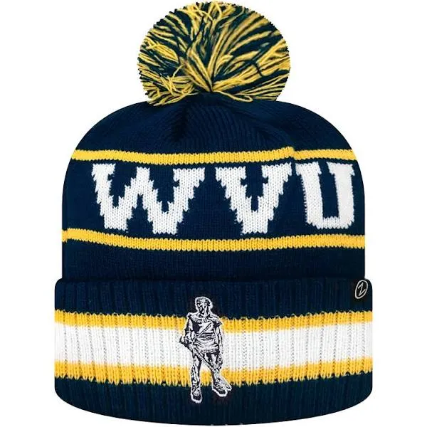 Zephyr NCAA Team Color-Retro Logo -Cuffed Knit Skully Beanie Pom Hat-West Virginia Mountaineers-One Size Fits Most