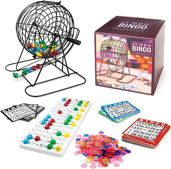 Royal Bingo Supplies Jumbo Bingo Game Set for Adults, Seniors, Family & Kids - 100 Cards 500 Chips 75 Balls, XL Roller Cage & Board