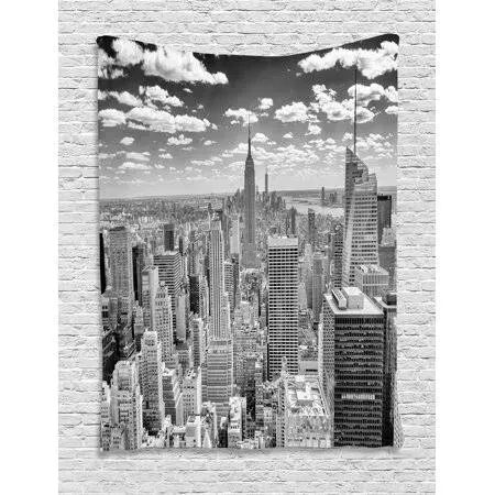 Ambesonne New York Tapestry, NYC over Manhattan from Top of Skyscrapers Urban Global Culture City Panorama, Wall Hanging for Bedroom Living Room Dorm Decor, 40" X 60", Grey