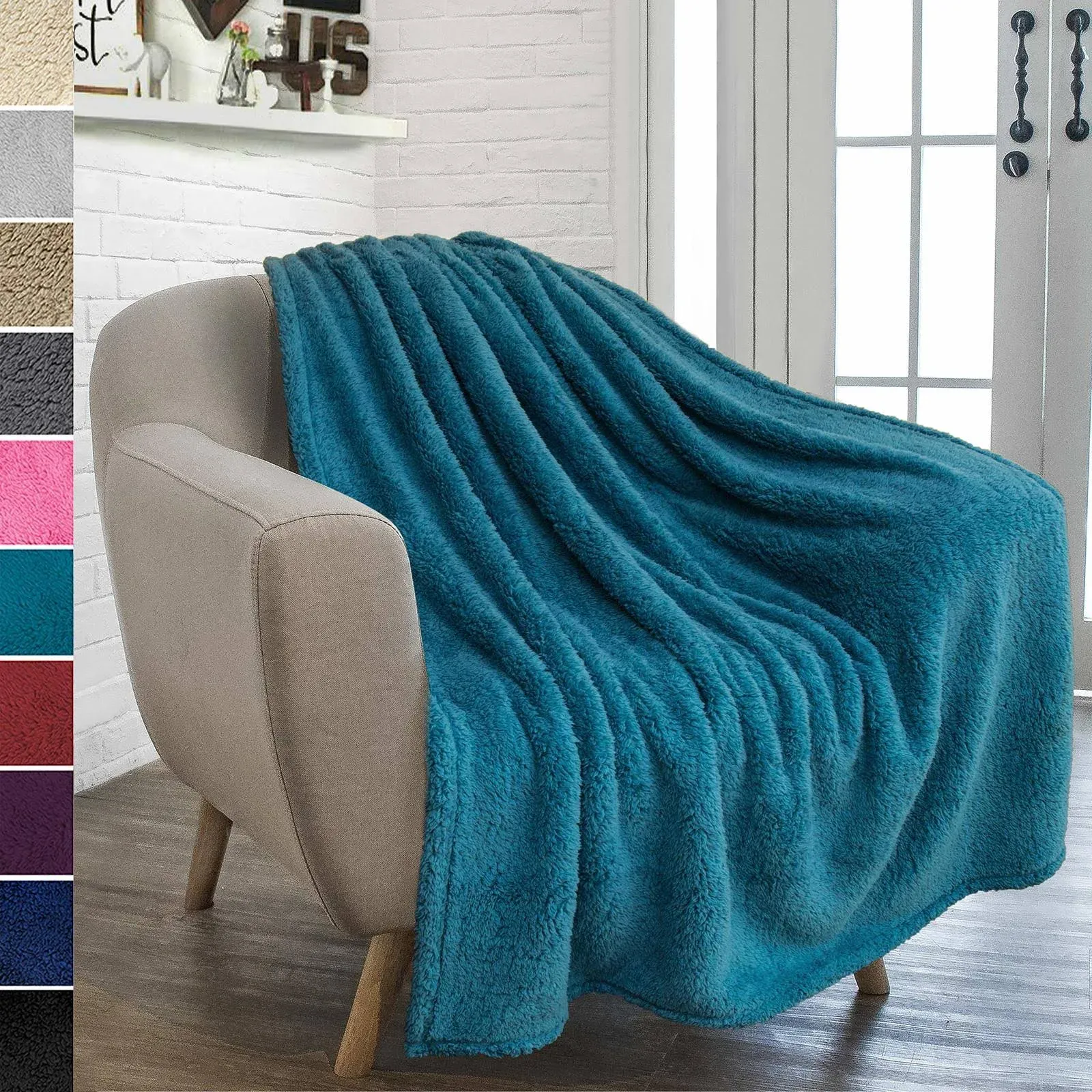 PAVILIA Sherpa Throw Blanket for Couch Sofa, Turquoise Teal Blue Fluffy Warm Plush Blanket for Bed, Cozy Super Soft Lightweight Throw, Fuzzy Decorative Blanket, All Season Home, 50x60