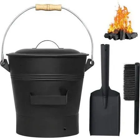 Fireplace Ash Bucket with Lid Shovel, Hand Broom and Gloves, 2.6 Gallon Charcoal Wood Fire Pits Burning Stoves, Coal/Large Pellet Metal Buckets/Hot Wood Carrier Pail Fire Pits Ash Can Cleaning Tools