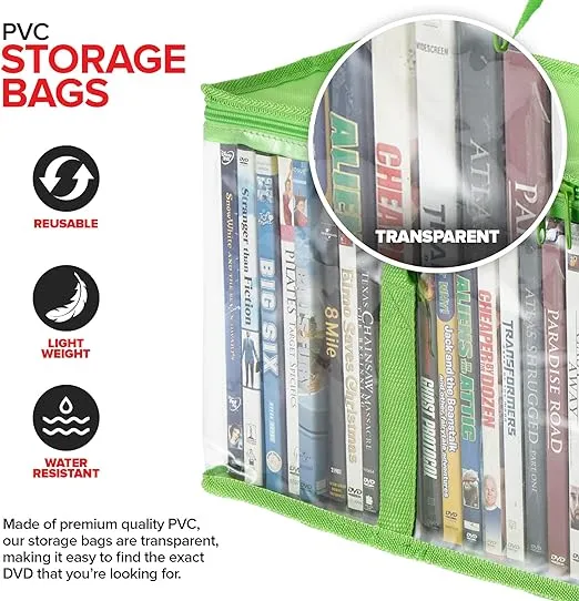 Stock Your Home DVD Storage Bags (Set of 4) Media Organizer Bag for DVDs, CDs, Blu Ray Disc, Movie Cases, VHS Box, Video Game Disks, Clear Plastic Holders with Carrying Handles and Zipper - Green