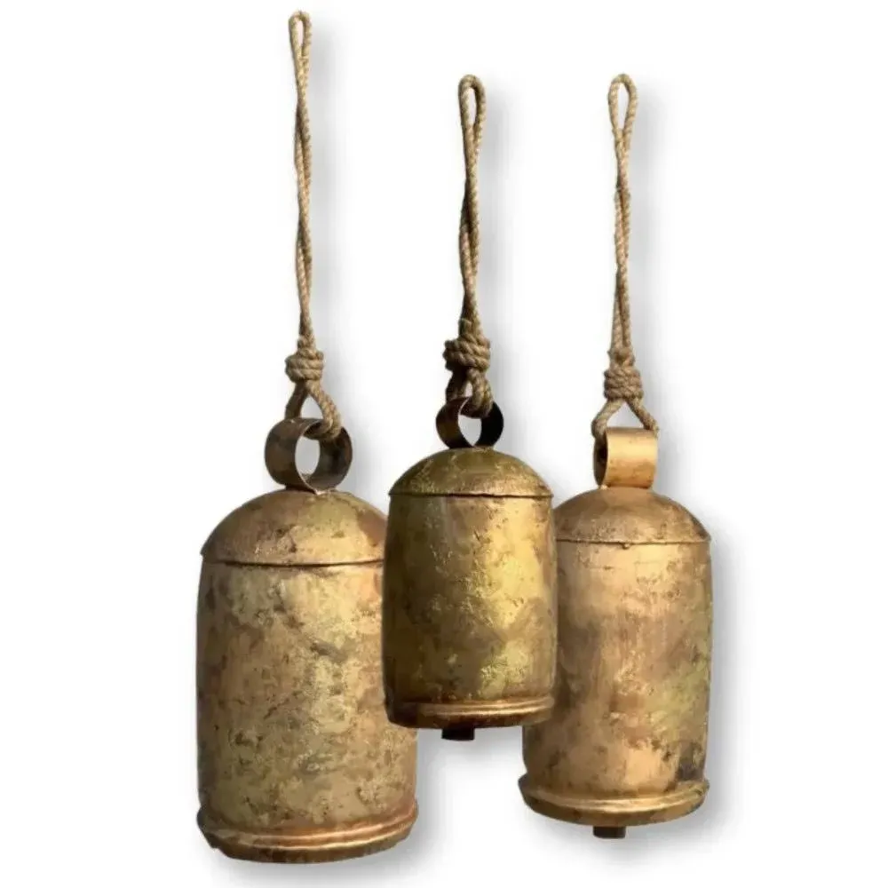 Burnished Gold Extra Large Bells Set of 3 - Handcrafted Rustic Home Decor for Garden, Perfect Vintage Christmas Decor with Giant Gold Bells for Christmas Decorations