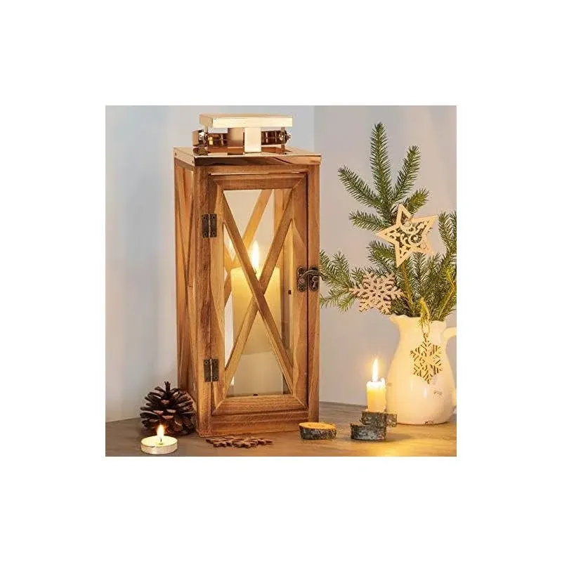 Xrkite Wooden Candle Lantern Decorative, Patio Decor with Stainless Top and Glass ...