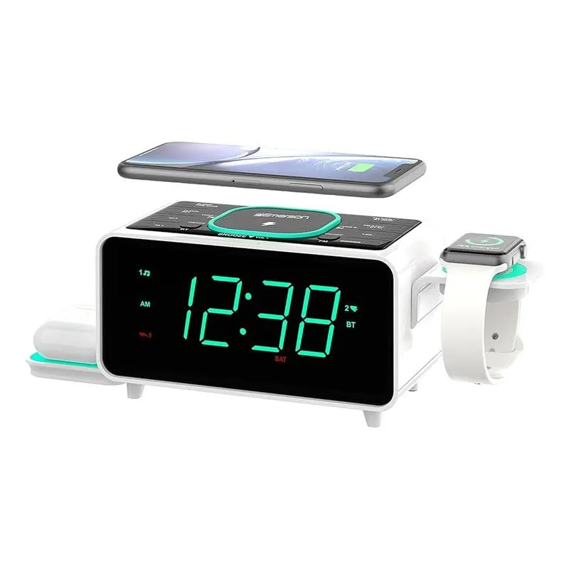 Emerson SmartSet Dual Alarm Clock FM Radio with Wireless Charging, Bluetooth Speaker, Ultra Fast Charging for Airpods/iPhone, Foldable Stand, USB