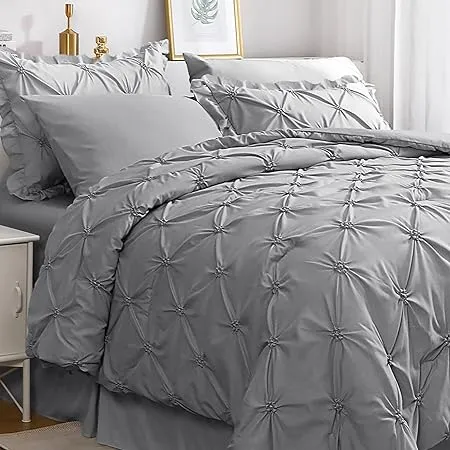 JOLLYVOGUE Grey Queen Comforter Set, 7 Pieces Pintuck Comforters Queen Size, Bed in a Bag Queen Comforter for Bedroom, Bedding Comforter Sets with Comforter, Sheets, Ruffled Shams & Pillowcases