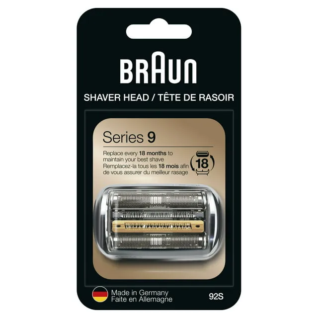 Braun Series 9 Electric Shaver Replacement Head - 92S - Compatible with all Series 9 Electric Razors 9290cc, 9291cc, 9370cc, 9293s, 9385cc, 9390cc, 9330s, 9296cc, (Silver)