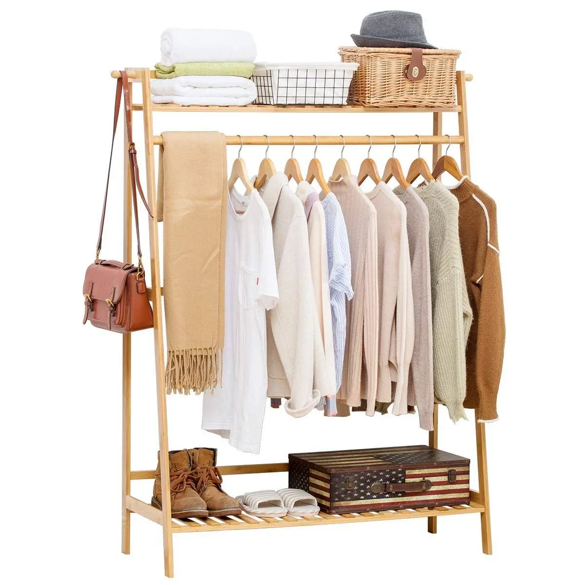 COPREE Bamboo Garment Coat Clothes Hanging Heavy Duty Rack with Top Shelf and ...