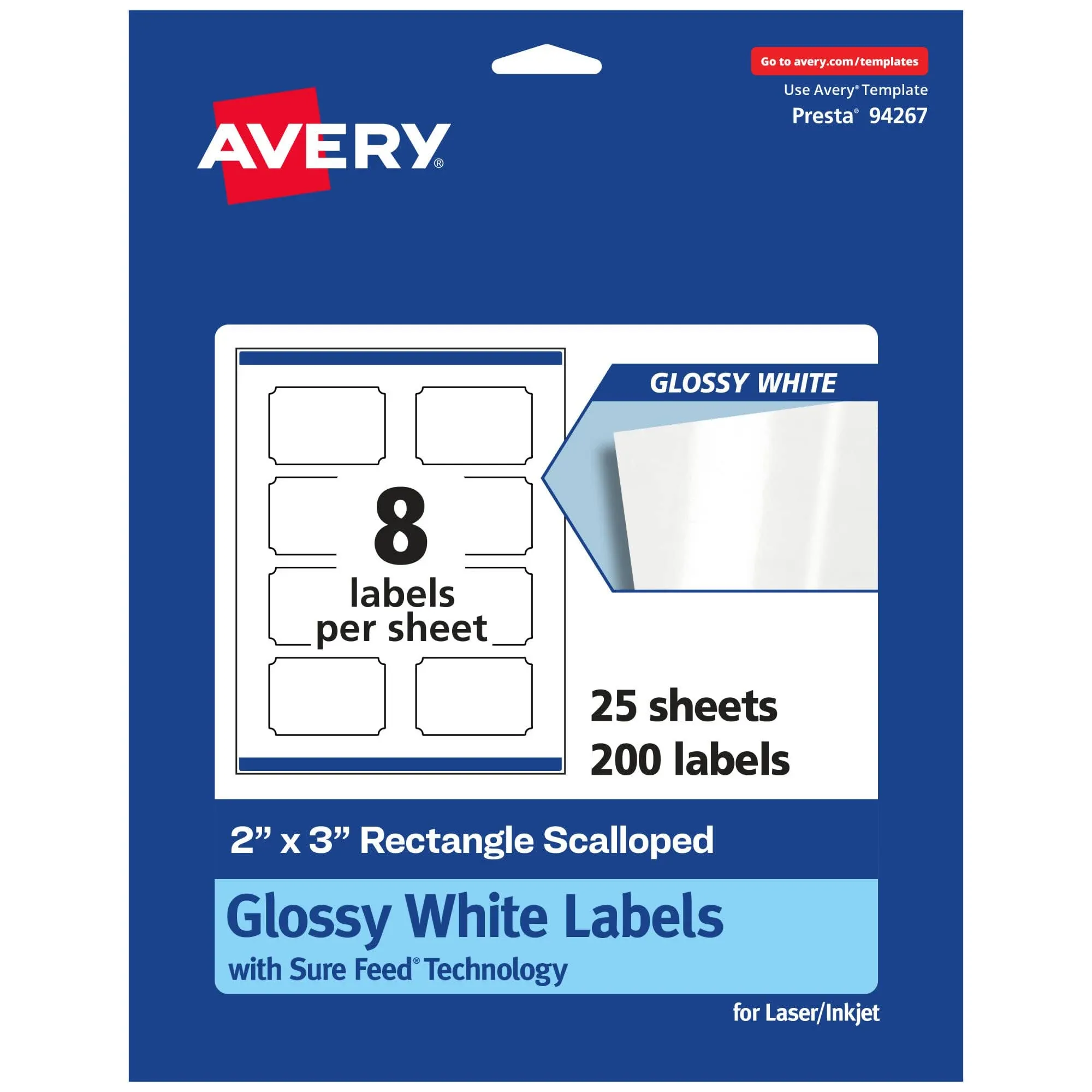 Avery Glossy White Rectangle Scalloped Labels with Sure Feed, 2" x 3", 200 Glossy White Labels, Print-to-The-Edge, Permanent Label Adhesive, Laser/Inkjet Printable Labels