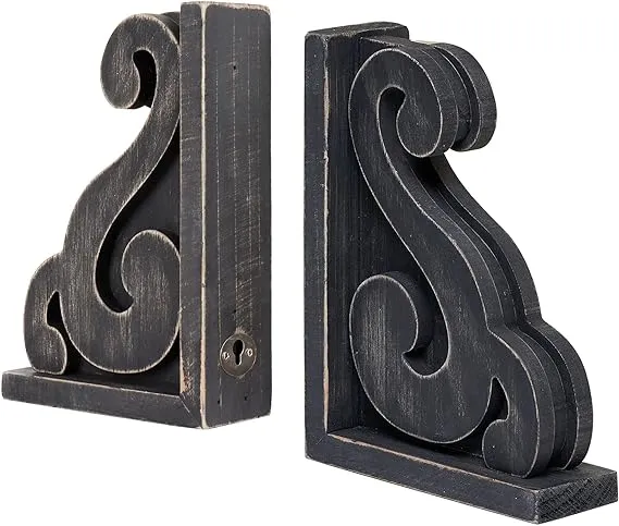 Rustic Distressed Vintage Scroll Corbel Bookends Farmhouse Black Wood Decorative