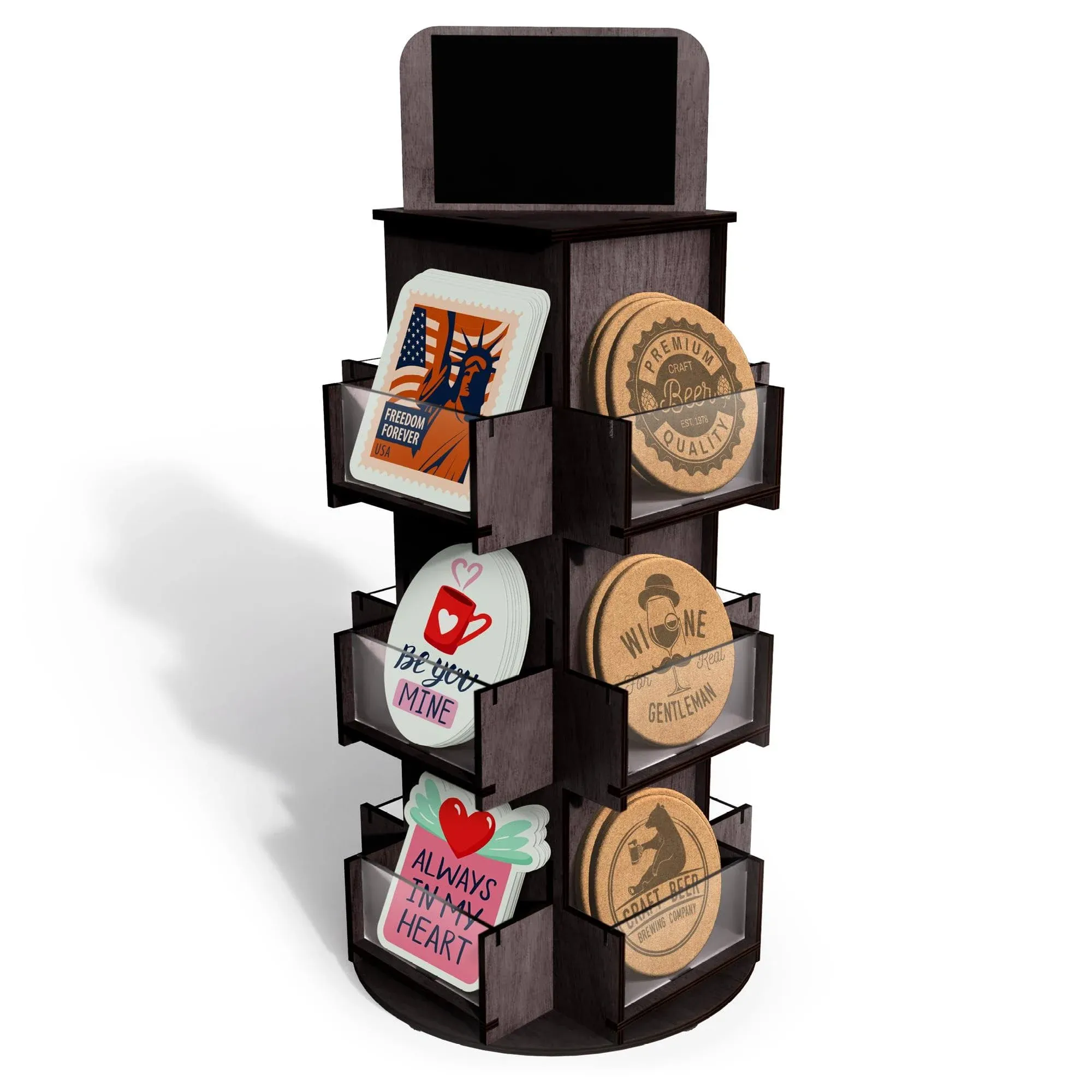 3 Tier Rotating Sticker Display Stand for Vendors, Black Wooden Countertop Organizer Shelf for Coasters, Retail, Showcase, Tradeshow