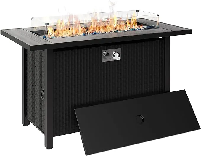 Vongrasig Outdoor Propane Fire Table, 45-Inch Gas Fire Pit Table, 50,000 BTU Rectangle Fire Table with Lava Rocks and Steel Lid for Outside Patio Deck Garden Backyard