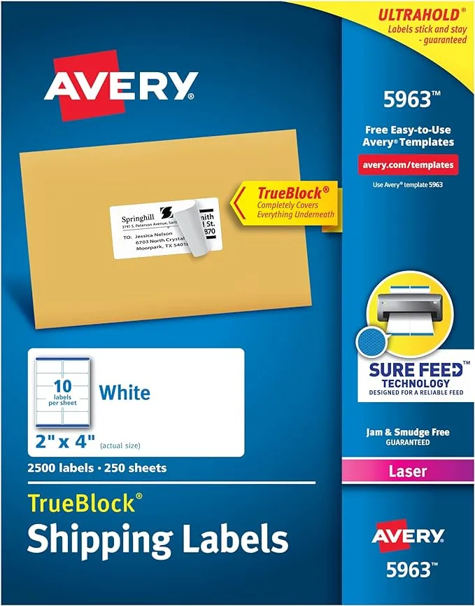 Avery TrueBlock Shipping Labels With Sure Feed Technology, 5963, Rectangle, 2" x 4", White, Pack Of 2,500